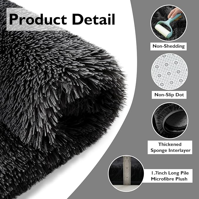 yulidayang Black Fluffy Round Area Rugs for Bedroom,5'X5'Shag Circle Area Rugs for Living Room,Non Slip Fuzzy Plush Rug for Kids Room Boys Girls Room and Dorm Home Decor Rug