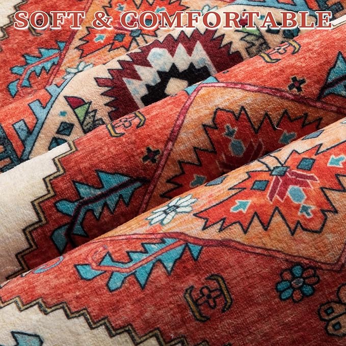 SERISSA Boho Area Rug 5x7 Orange, Washable Large Rugs for Living Room, Ultra Soft Non-Slip Bedroom Rug Print Distressed Vintage Tribal Farmhouse Carpet Rug for Dining Room Dorm Office Home Decor
