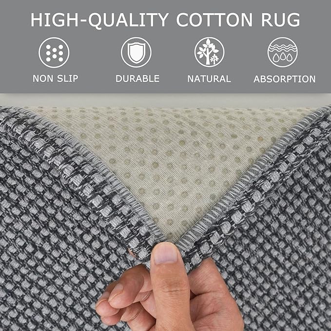 KOZYFLY Runners for Hallways 2x10 ft Washable Kitchen Runner Non Slip Rubber Backed Hallway Rugs Cotton Entryway Runner Rug Floor Carpet for Indoor Hall, Backdoor, Kitchen, Grey/Dark Grey