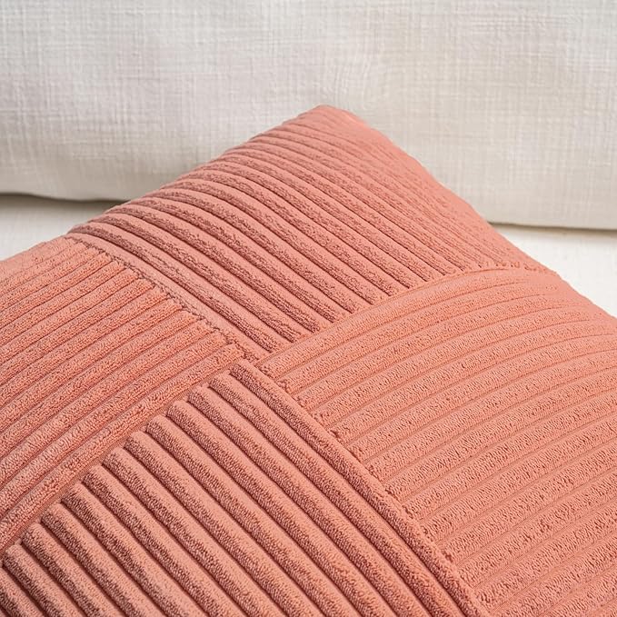 Fancy Homi 2 Packs Coral Lumbar Decorative Throw Pillow Covers 16x28 Inch for Living Room Couch, Rustic Farmhouse Boho Home Decor, Soft Striped Corduroy Rectangle Accent Peach Cushion Case 40x70 cm