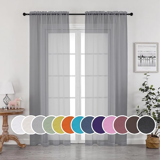 OWENIE Grey Sheer Curtains, Sheer Curtains 84 inches Long 2 Panels Set, Rod Pocket Voile Fimly Gray Drapes for Living Room/Bedroom, 2pcs, Each 42" W x 84" L