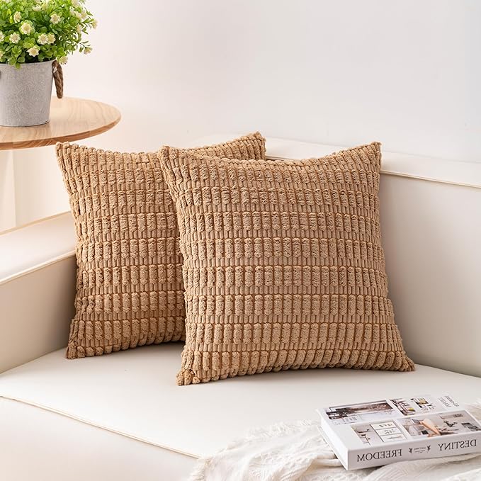 Pack of 2 Corduroy Decorative Throw Pillow Covers 22x22 Inch Soft Striped Pillow Covers Modern Farmhouse Home Decor for Sofa Living Room Couch Bed（Coffee）