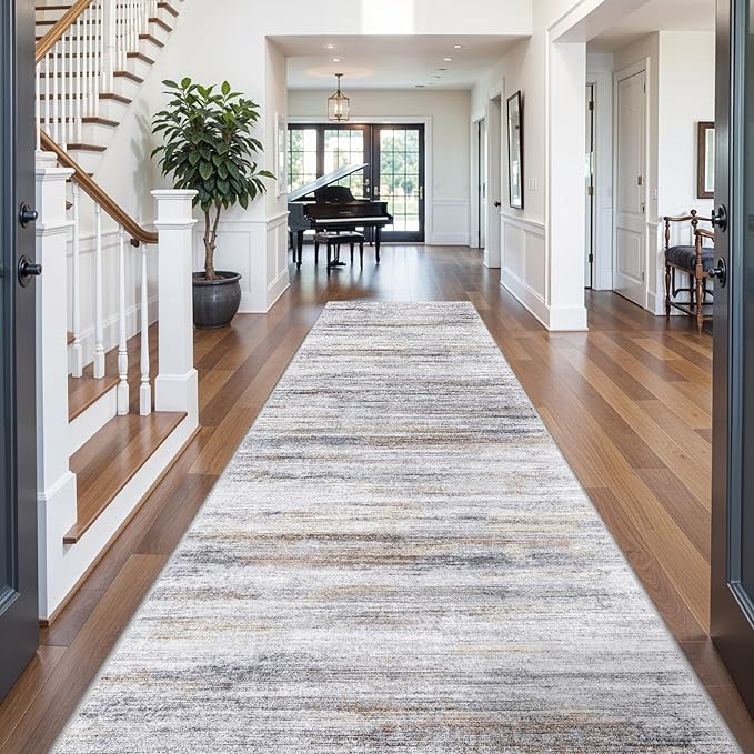 4x10 Wide Washable Runner Rug: Easy-to-Clean Runners for Hallway Entryway Kitchen Bedroom Living Room - Stain and Water Resistant Rugs with Non-Slip Backing - Soft Low-Pile Carpet Beige Grey