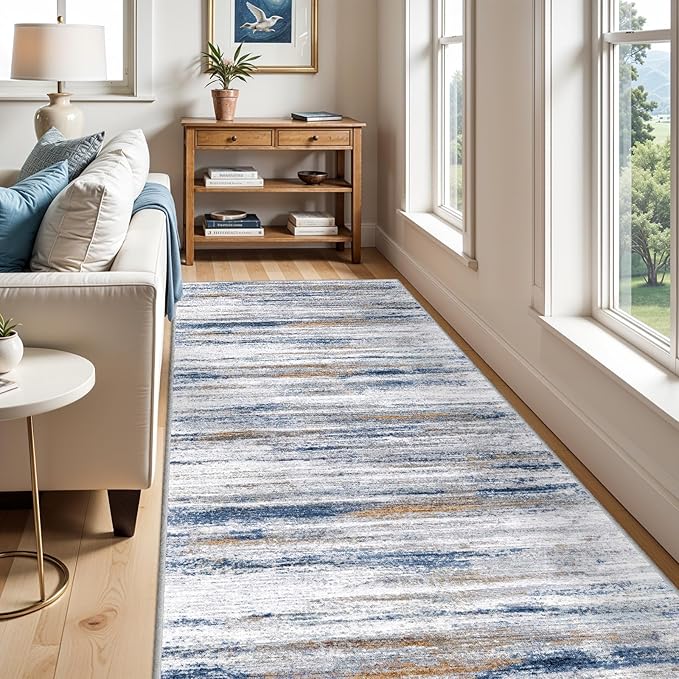 Large Runner Rugs for Hallway 4x18: Non-Slip Washable Wide Carpet - Soft Low-Pile Stain and Spill Resistant Rug for Entryway Living Room Dining Room Balcony Garage Office Navy Grey