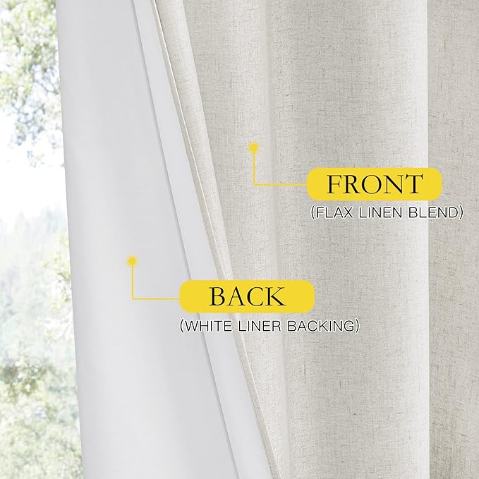 NICETOWN 100% Absolutely Blackout Linen Curtains with Thermal Insulated White Liner, Ivory, 52" W x 48" L, Set of 2, Burlap Textured Textured Linen Look Privacy Window Treatment for Kitchen