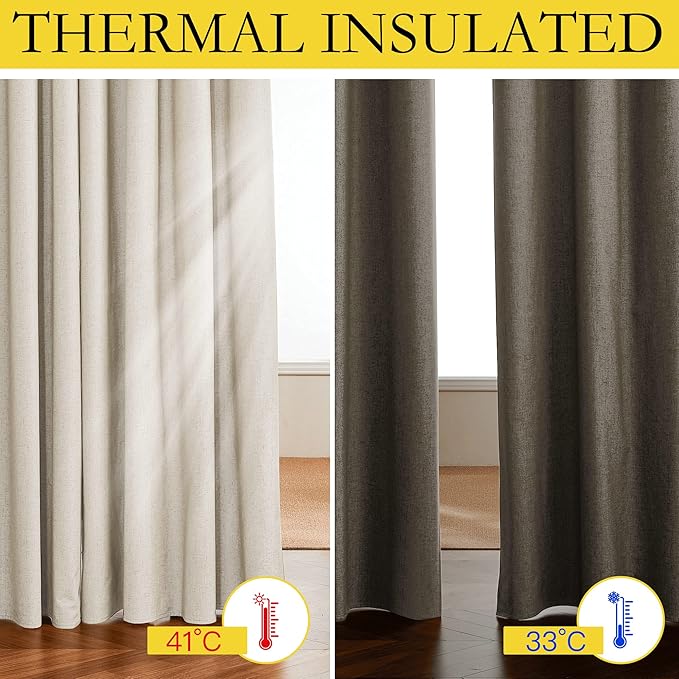 NICETOWN 100% Absolutely Blackout Linen Curtains with Thermal Insulated White Liner, 52" W, 2 PCs, Beige, 102" Long Drapes Sweep The Floor Decorative Keep Privacy Panels for Living Room/Villa/Bedroom