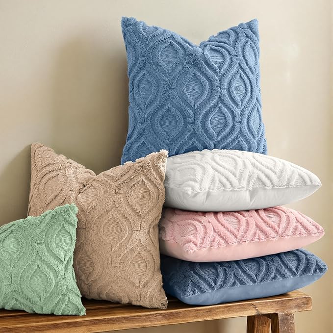 decorUhome Throw Pillow Covers 16x16 Inch Set of 2, Soft Plush Faux Wool Dusty Blue Solid Couch Pillow Covers, Accent Farmhouse Neutral Square Pillow Cases for Sofa Bed Living Room