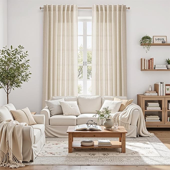 Cream Beige Linen Curtains for Living Room 94 Inches Long Light Filtering Semi Sheer Curtain Back Tab Modern Farmhouse Decor Elegant Luxury Coastal Drapes for Bedroom Dinner Room 52x94, 2 Panels