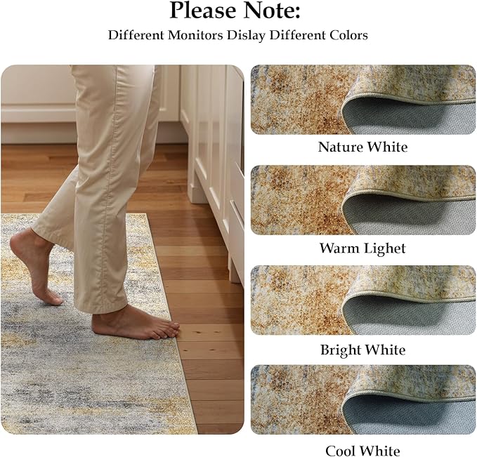 4x8 Washable Kitchen Runner Rug: Modern Abstract Wide Runners for Hallway Soft Non Slip Rugs with Rubber Backing Low Pile Thin Carpet for Entryway Bedroom Bathroom Laundry Indoor(Grey/Yellow,4x8)