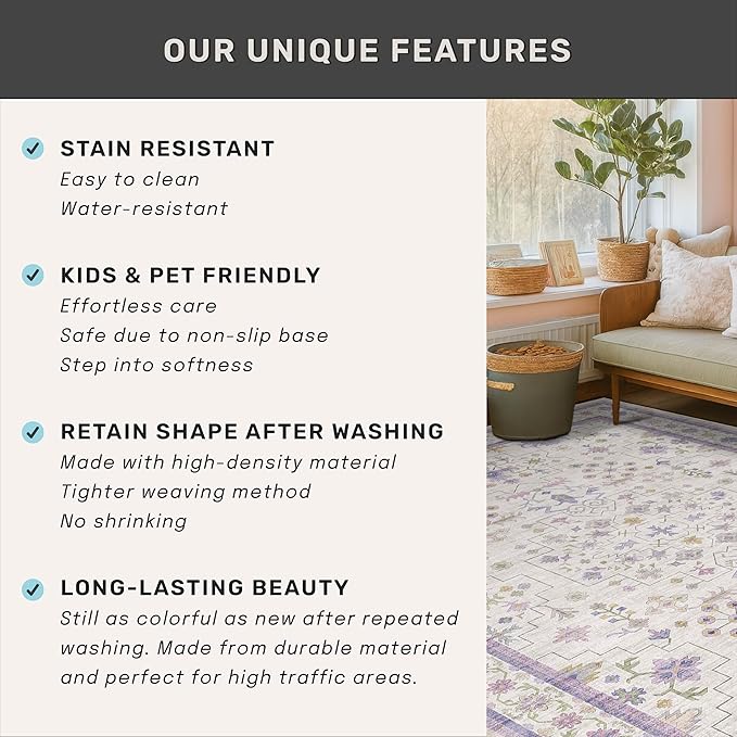 Hazo Haus Purple Rugs for Girls Bedroom, Non Slip Machine Washable 4x6 Floral Area Rug for Nursery Kids Room, Living Room, Low Pile Lavender Girly Dorm Pastel Décor