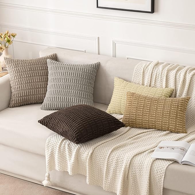 MIULEE Pack of 2 Corduroy Decorative Throw Pillow Covers 16x16 Inch Soft Boho Striped Pillow Covers Modern Farmhouse Home Decor for Sofa Living Room Couch Bed Light Brown