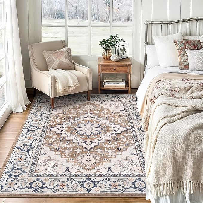 Lofus 5x7 Area Rugs for Living Room, Washable Area Rug, Rugs for Bedroom, Kitchen, Vintage Boho Carpet, Soft Non-Slip, Low Pile Large Area Rug for Office Dining Room, Floral Brown