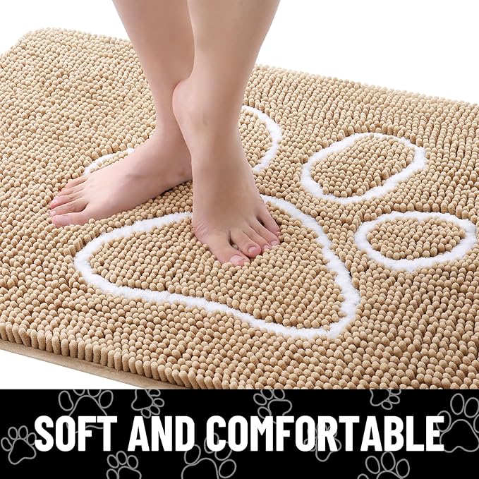Smiry Dog Door Mat for Muddy Paws, Absorbent Dirt Trapper Non Slip Quick Dry Washable Chenille Mat for Mud Dogs, Entry Rug for Indoor and Outdoor (44x32 Inches, Beige and White)