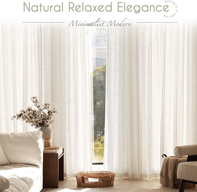 Cream Linen Curtains 72 inch Long 2 Panel Set for Living Room Back Tab Rod Pocket Semi Sheer Light Filtering Bedroom Window Curtain 72 inch Length Modern Farmhouse Neutral Ivory Linen Drapes 42x72