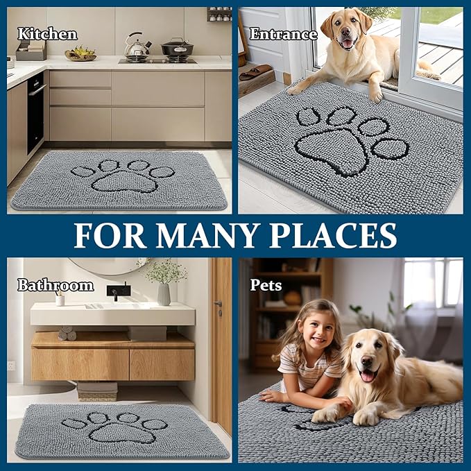 OLANLY Dog Door Mat for Muddy Paws 40x32, Paw Print Design, Absorbs Moisture and Dirt, Absorbent Non-Slip Washable Doormat, Quick Dry Chenille Mud Mat for Dogs, Entry Indoor Entryway Carpet, Grey
