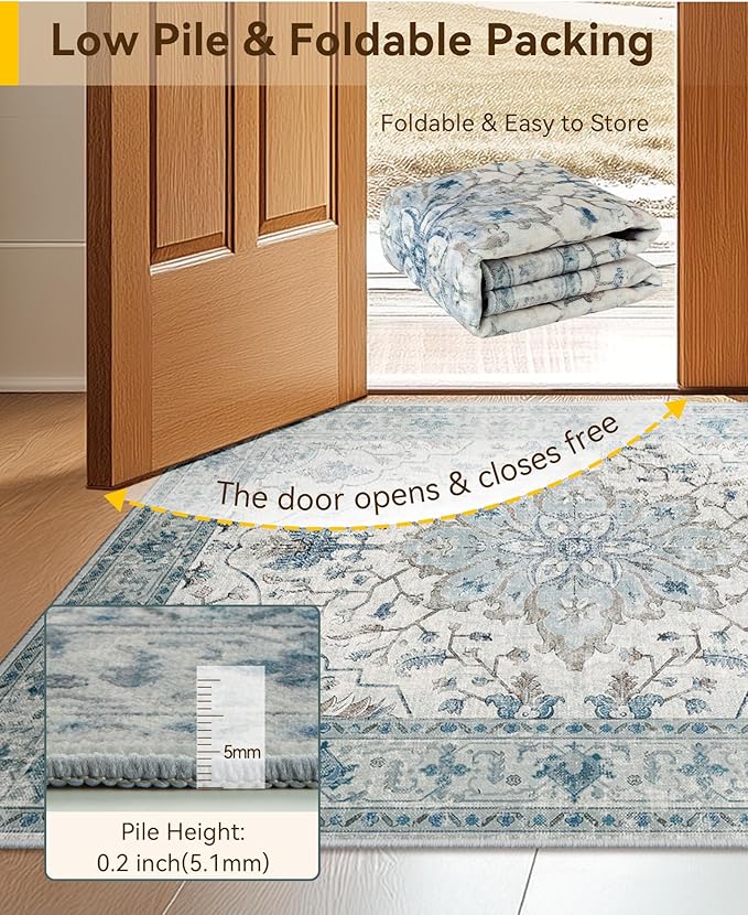 Area Rugs 2'6''x14' Runner Rug Non Slip Washable for Kitchen Hallway Bedroom Beside Laundry Room Bathroom Rug, Floor Carpet, Light Blue Navy Beige Gray White