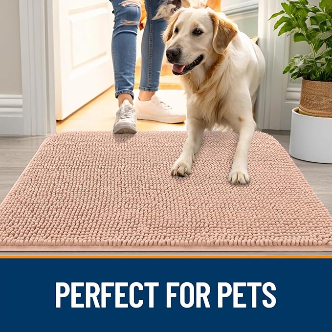 OLANLY Dog Door Mat for Muddy Paws 48x30, Absorbs Moisture and Dirt, Absorbent Non-Slip Washable Doormat, Quick Dry Chenille Mud Mat for Dogs, Entry Indoor Entryway Carpet for Inside Floor, Peach
