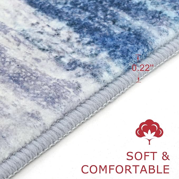 KOZYFLY Modern Abstract Washable Rug Runner 2x7 Hallway Runner Rug Non-Slip Soft Kitchen Runner Rugs, Print Blue/Grey/Beige Striped Carpet Runner for Entryway Bathroom Laundry Room Foyer