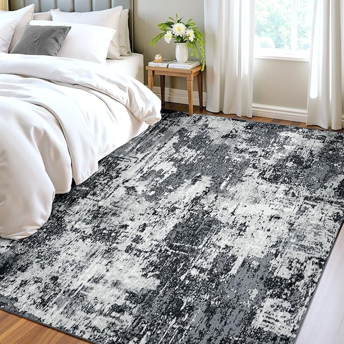 Washable Area Rugs 4'x6' Non-Slip Modern Abstract Soft for Living Room Entryway Bedroom Nursery, Print Pattern, Black Navy Blue Gray