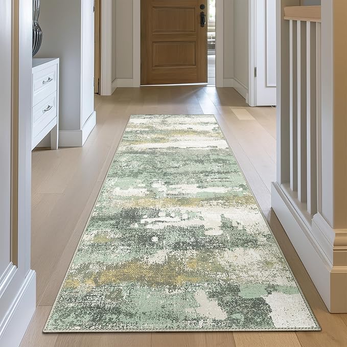 BEIMO Runner Rug for Hallway Kitchen, 2x12 Machine Washable Runners Rug for Entryway, Soft Modern Abstract Throw Rugs, Low Pile Floor Cover with Non Slip Backing, Light Green