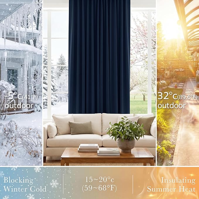 PONY DANCE Blackout Window Curtains - Double Panels Back Tab & Rod Pocket Thermal Insulated Short Drapes for Kitchen Bedroom, 52 Wide x 45 Long Per Panel, Navy Blue, 2 Pieces