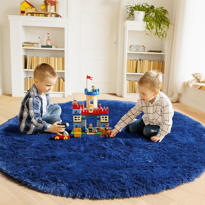 ONASAR Navy Blue Round Rugs 6ft for Living Room Bedroom, Fluffy Circle Area Rug for Kids Girls Boys Teen, Soft Plush Shaggy Carpet for Nursery Dorm Classroom Playroom Home Decor Aesthetic