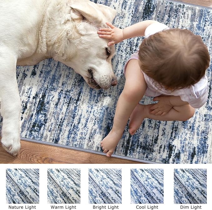 Lansny Modern Abstract 4x6 Living Room Washable Rug Non-Slip Soft Bedroom Area Rug Grey Blue White Thin Print Faux Wool Floor Carpet Throw Rugs for Nursery Playroom Dining Room Indoor Home Decor