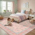 Washable Pink and Blue 8x10 Oushak Rugs for Bedroom Girls Dorm Living Room, Modern Floral Aethestic Distressed Design, Soft Faux Wool Low Pile Non Slip Stain Resistance Carpet