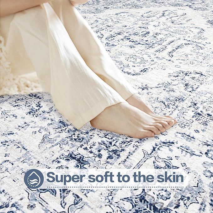8x10 Area Rugs for Living Room: Washable Rug Vintage Large Rugs Soft Non Slip Low Pile Rug Floral Distressed Floor Carpet for Bedroom Kitchen Nursery Dining Room Home Office (Blue, 8'x10')