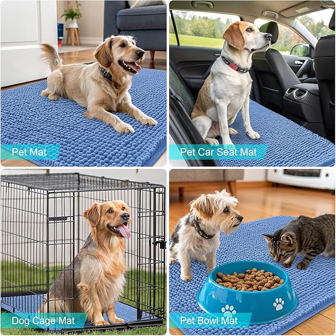 OLANLY Dog Door Mat for Muddy Paws 34x21, Absorbs Moisture and Dirt, Absorbent Non-Slip Washable Doormat, Quick Dry Chenille Mud Mat, Entry Indoor Entryway Carpet for Inside Floor, Cornflower Blue