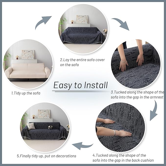 MYSKY HOME Couch Covers for 2 Cushion Couch Sectional Sofa, L Shape Sofa Protector Navy Chenille Couch Cover, Sofa Covers Washable Blanket with Tassel Pet Couch Cushion Cover, 71"X102"