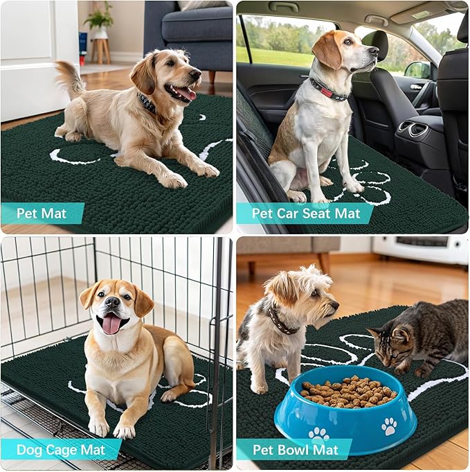 OLANLY Dog Door Mat for Muddy Paws 40x32, Paw Print Design, Absorbs Moisture and Dirt, Absorbent Non-Slip Washable Doormat, Quick Dry Chenille Mud Mat, Entry Indoor Entryway Carpet, Blackish Green