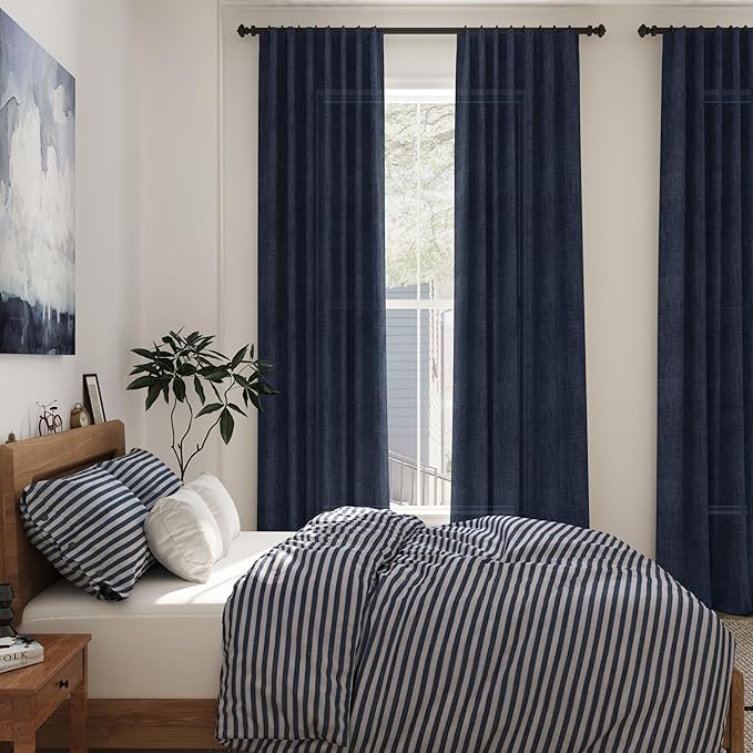 Navy Blue Linen Curtains 96 inches Long for Bedroom Back Tab Light Filtering Privacy Sheer Blue Curtains Boho Farmhouse Nautical Decor Indigo Blue Cotton Textured Draperies 2 Panel Set 52x96