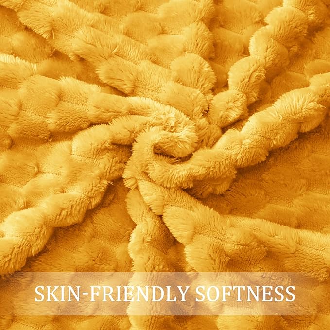 Exclusivo Mezcla Fleece Queen Blanket for Bed, Extra Large Fuzzy Mustard Yellow Bed Blankets, Soft Cozy Plush Sofa Throws for All Seasons, 90x90 Inches