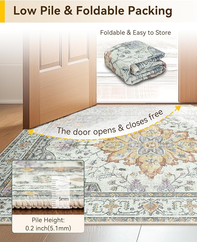 Area Rugs 3'x10' Runner Rug Non Slip Washable for Kitchen Hallway Bedroom Beside Laundry Room Bathroom Rug, Floor Carpet, Light Yellow Carbon Grey Orange