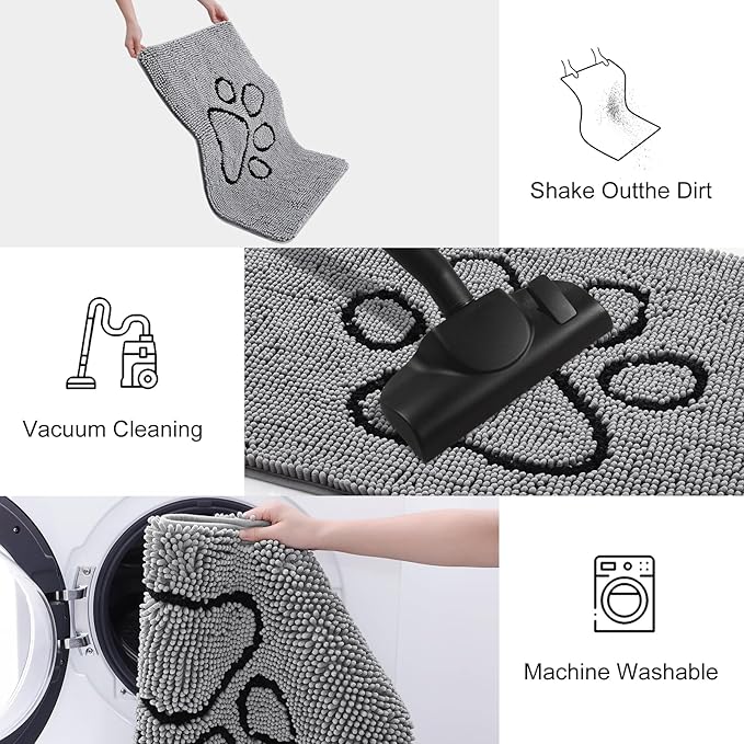 Smiry Dog Door Mat for Muddy Paws, Absorbent Dirt Trapper Non Slip Quick Dry Washable Chenille Mat for Mud Dogs, Entry Rug for Indoor and Outdoor (47x17 Inches, Grey and Black)