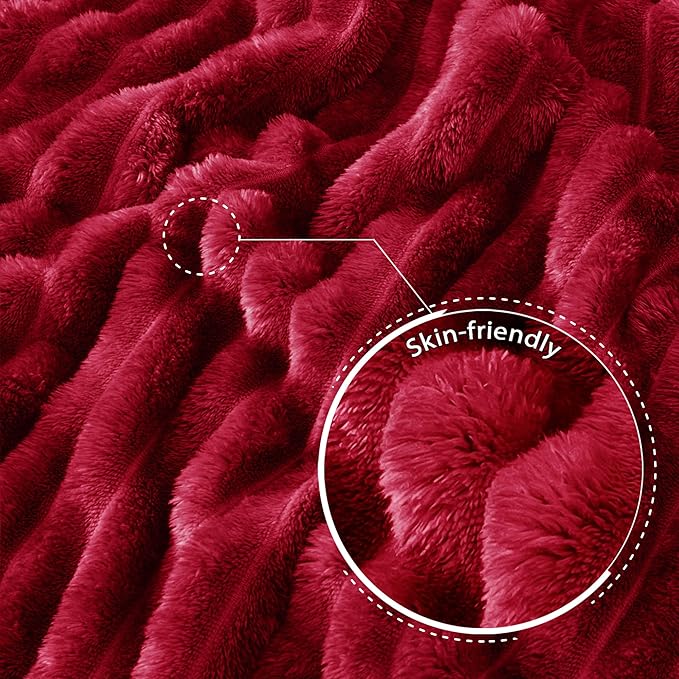 Exclusivo Mezcla Twin Size Flannel Fleece Blanket, Super Soft Striped Jacquard Bed Blanket, Lightweight Fuzzy Cozy for All Seasons, 60x80 Inches, Deep Red