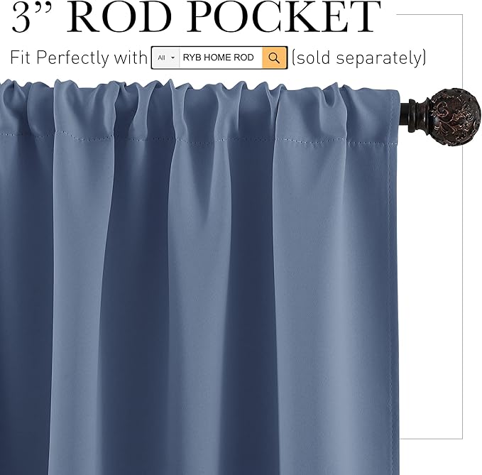 RYB HOME Kitchen Blackout Curtains Over Sink 36 inch Length, Rod Pocket Summer Light UV Blocking Energy Efficient, Cabinet Shelf Cupboard Coverings, Width 29 by Length 36, Stone Blue, 2 Panels