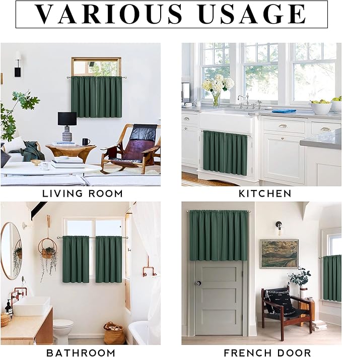 RYB HOME Kitchen Blackout Curtains Over Sink 36 inch Length, Rod Pocket Summer Light UV Blocking Energy Efficient, Cabinet Shelf Cupboard Coverings, Width 29 by Length 36, Dark Green, 2 Panels
