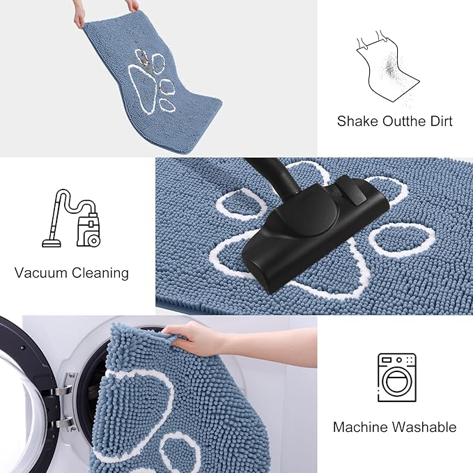 Smiry Dog Door Mat for Muddy Paws, Absorbent Dirt Trapper Non Slip Quick Dry Washable Chenille Mat for Mud Dogs, Entry Rug for Indoor and Outdoor (59x35 Inches, Airy Blue and White)