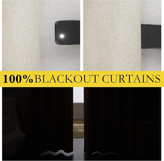 NICETOWN Natural Thick Linen Blend 100% Blackout Curtains with White Liners, Rustic Grommet Thermal Insulated Flax Textured Full Blackout Window Draperies for Bedroom (2 Panels, 42" W by 63" L)