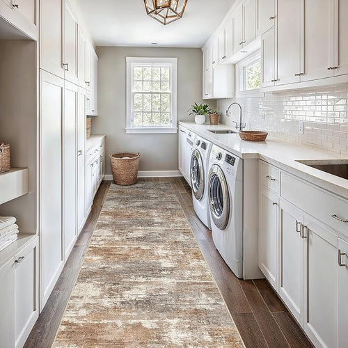 2'6''x16' Washable Kitchen Runner Rug: Modern Abstract Runners for Hallway Soft Non Slip Rugs with Rubber Backing Low Pile Thin Floor Carpet for Entryway Bedroom Bathroom Indoor(Brown/Brick,2'6''x16')