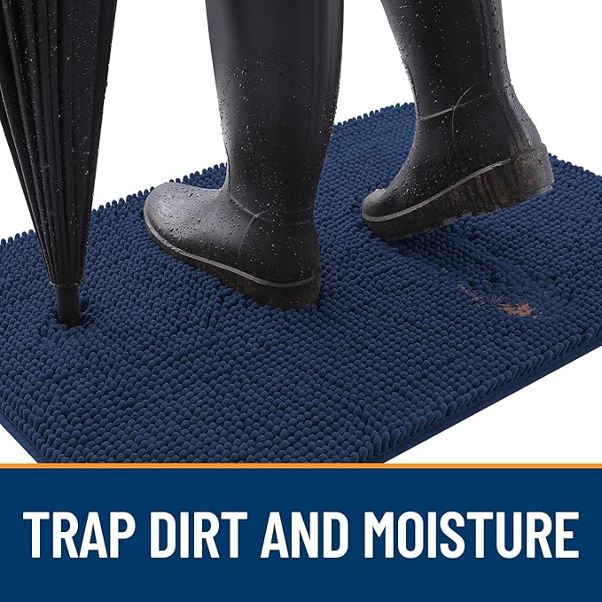 OLANLY Dog Door Mat for Muddy Paws 48x30, Absorbs Moisture and Dirt, Absorbent Non-Slip Washable Doormat, Quick Dry Chenille Mud Mat for Dogs, Entry Indoor Entryway Carpet for Inside Floor, Dark Blue