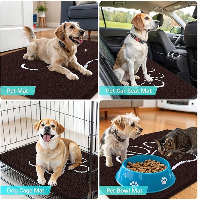OLANLY Dog Door Mat for Muddy Paws 70x35, Paw Print Design, Absorbs Moisture and Dirt, Absorbent Non-Slip Washable Doormat, Quick Dry Chenille Mud Mat for Dogs, Entry Indoor Entryway Carpet, Brown
