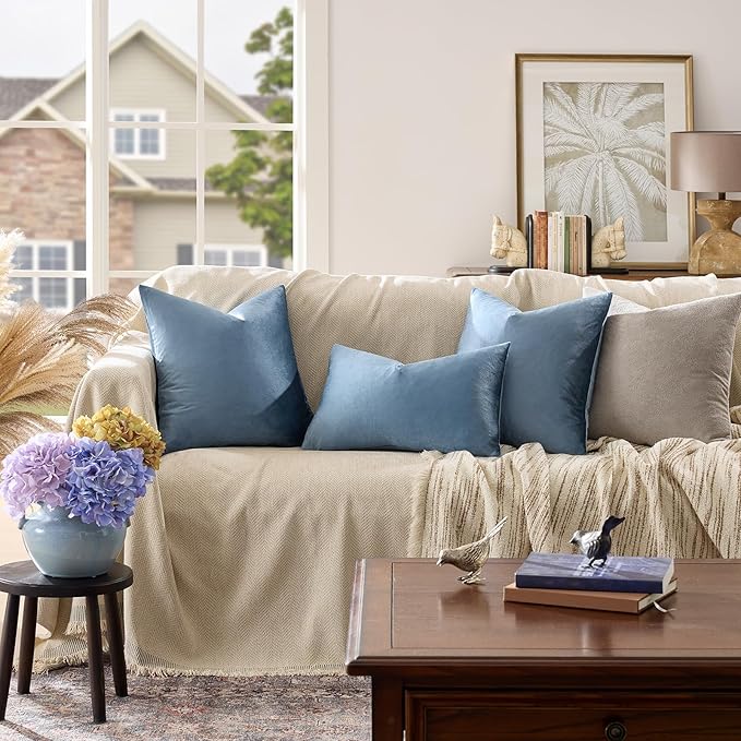 GIGIZAZA Stone Blue Velvet Decorative Throw Pillow Covers 20x20 for Sofa Living Room Soft Cushion Cover Pack of 2