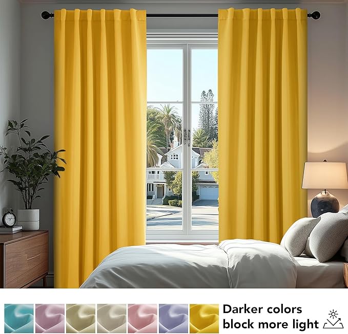 Deconovo Blackout Curtains, Thermal Insulated, W52 x L45 2 Panels, Back Tab, Machine Washable, Room-Darkening Drapes for Bedroom/Living Room Mellow Yellow