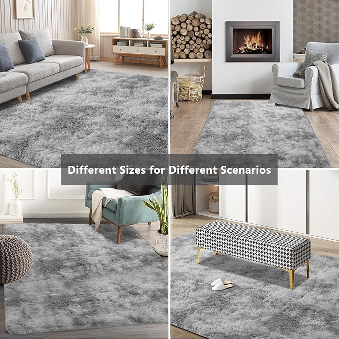 Shag Area Rugs for Bedroom Living Room,8X10 Ultra Soft Fluffy Area Rugs for Dorm, Indoor Carpet Nursery Rugs for Kids Girls Room Home Decor,Tie-Dye Grey