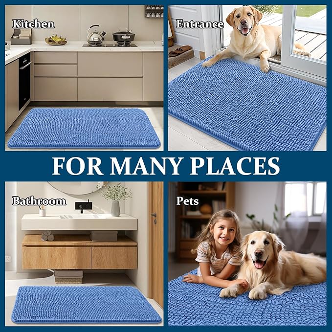 OLANLY Dog Door Mat for Muddy Paws 40x24, Absorbs Moisture and Dirt, Absorbent Non-Slip Washable Doormat, Quick Dry Chenille Mud Mat, Entry Indoor Entryway Carpet for Inside Floor, Cornflower Blue