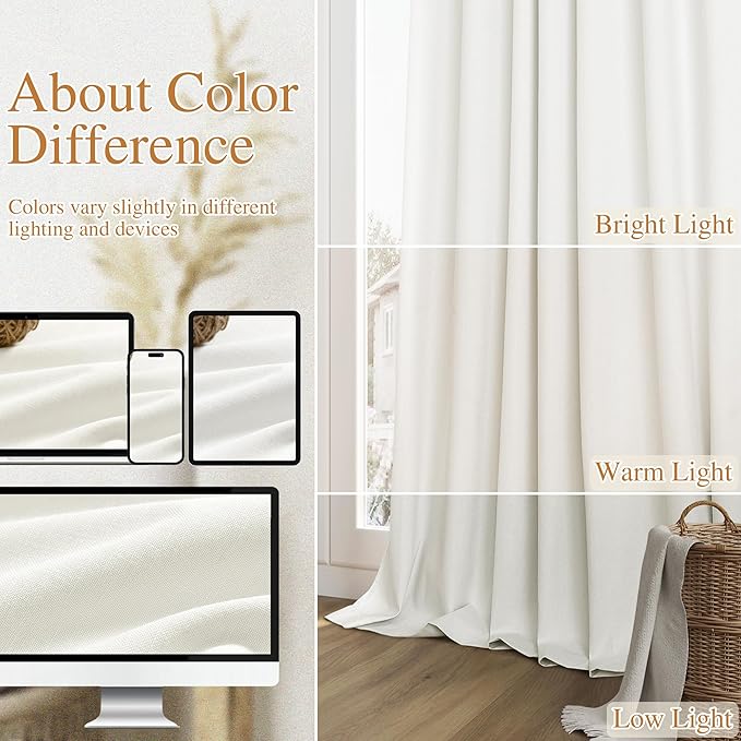 Guken Ivory Linen 100% Blackout Curtains 84 Inch Length 2 Panels Set for Living Room Bedroom Back Tab Thermal Insulated Black Out Linen Drapes Room Darkening Window Curtains 40 Inches Wide