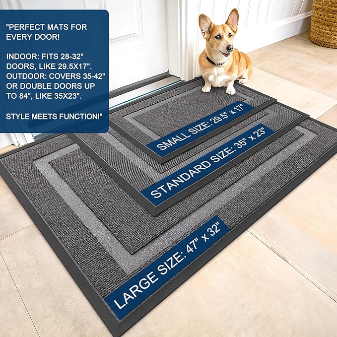 OLANLY Front Door Mat Indoor Outdoor Entrance, Waterproof All-Season, All-Weather Doormat, Sturdy Natural Rubber, Fade Resistant, Low Profile, Easy Clean Patio Porch Entryway Mat, 33x21, Dark Grey